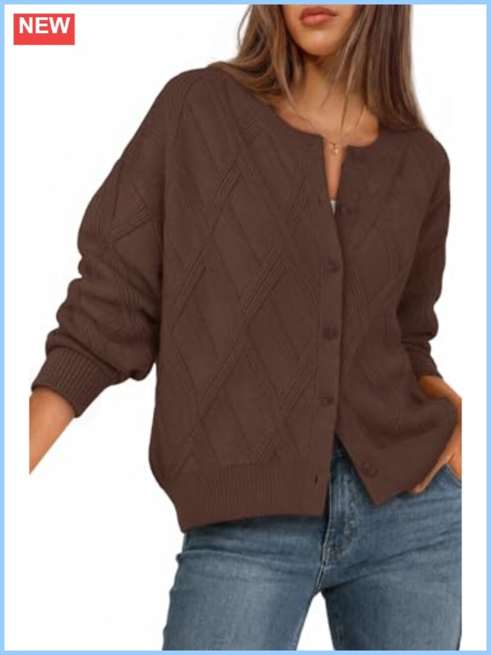Cable Knit Cardigan Sweater Women Button Down Crew Neck Lantern Sleeve
